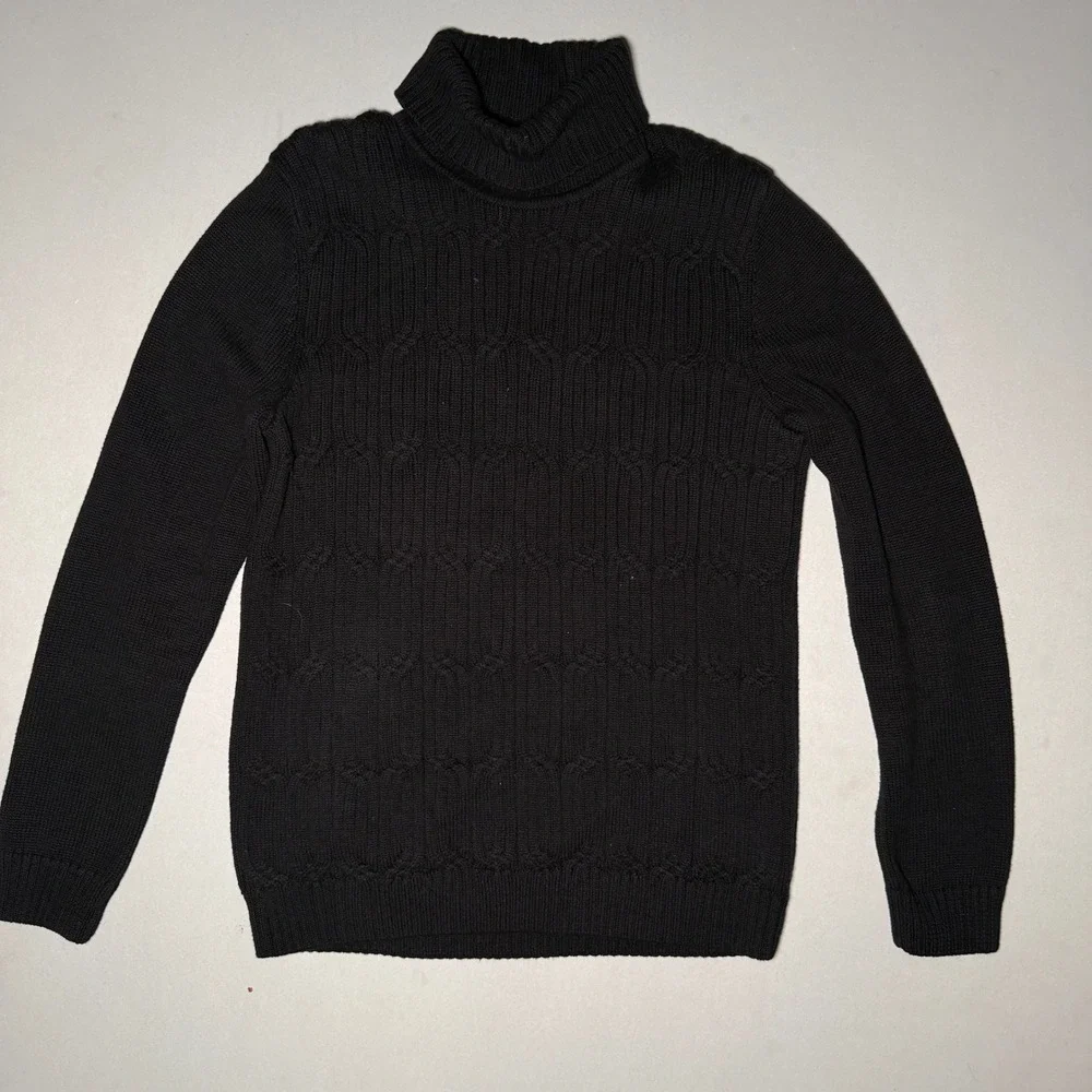 Tasso Elba Turtleneck Sweater Mens Small Black Cotton Cable Knit Quiet Luxury